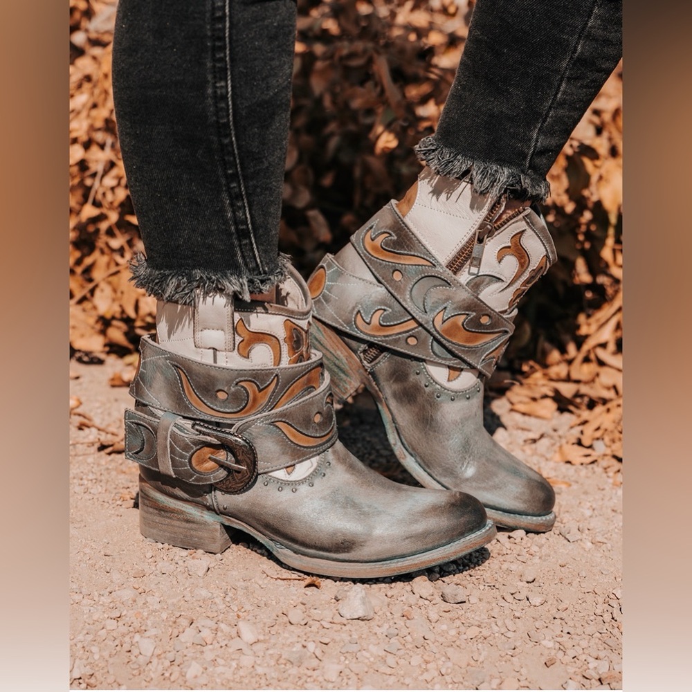 Freebird Tash Blue Ankle Boots with Gold Accents 7